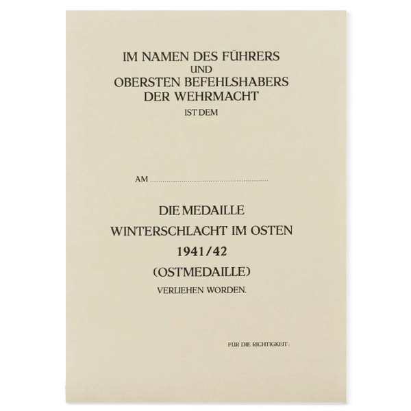Ostmedaille Certificate