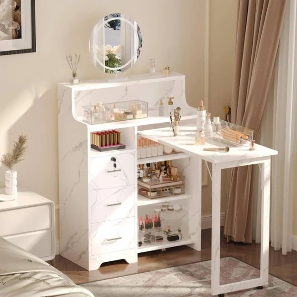 L-Shaped Folding Nail Table with Built-in Charging Station, 5-Tier Storage Rack, 3