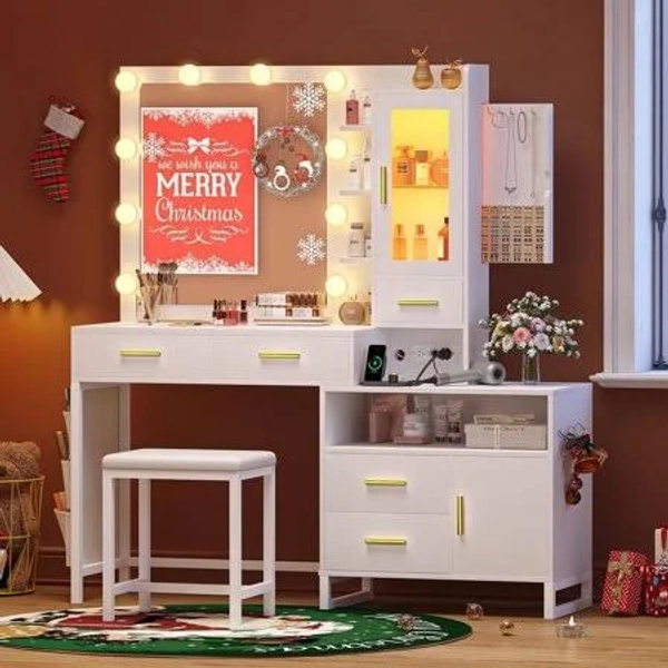 Gacfiew Makeup Vanity Desk with Mirror, Lights, Vanity Table, Drawers, Charging