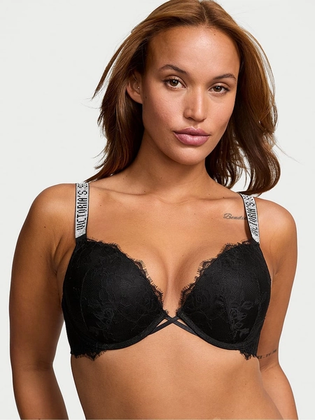 Black Push Up Shine Strap Bra