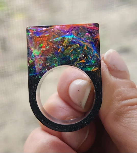 Chunky rainbow irridated resin statement ring by Theirridatedfox