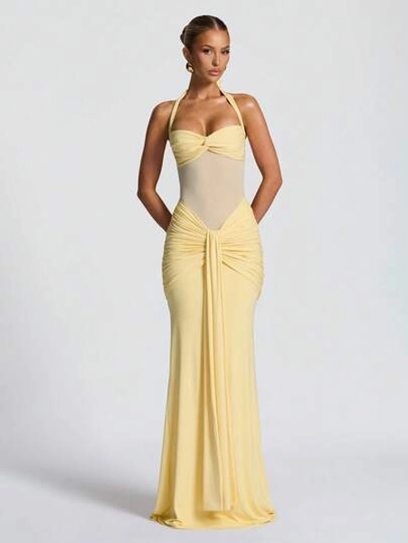 Sexy Spaghetti Strap Backless Waist Cinched High Slit Dress, Mesh Patchwork Vacation Party Dress