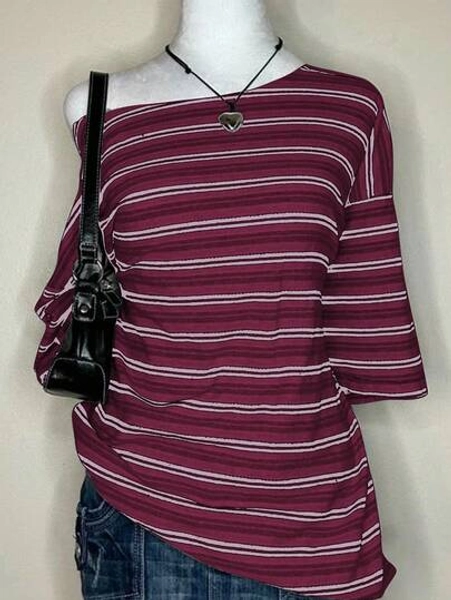 INAWLY Women's Casual Everyday Oblique Shoulder Striped T-Shirt, Summer