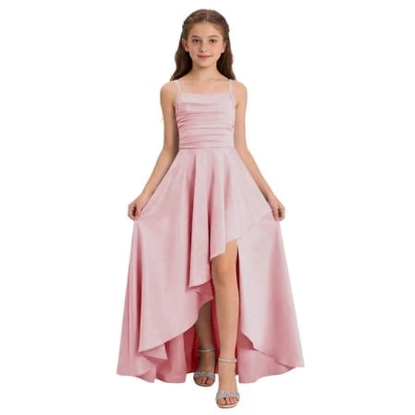 Ljeff Girls Satin High-Low Prom Dress Elegant Ruched Waist Solid Color Spaghetti Strap Formal Party Gown for Girls