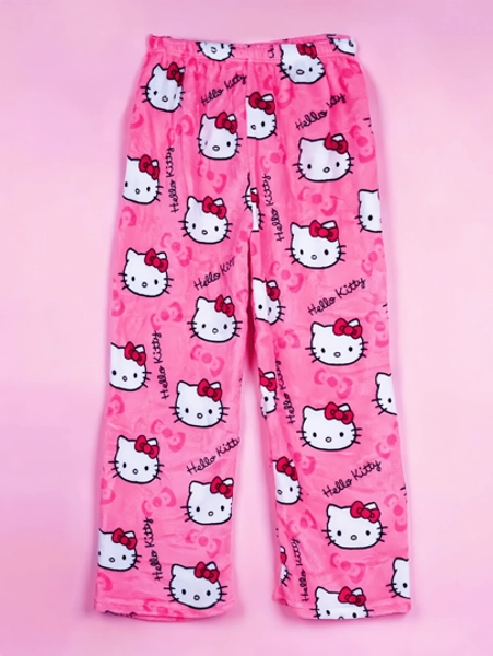Sanrio Plus Size Women's Hello Kitty Allover Print Fleece Lined Warm Pajama Pants, Soft Flannel Kawaii Cartoon Sleepwear Bottoms, Suitable For All Ages, Autumn/Winter