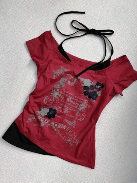 Women's Fashion Y2K American Retro 2 In 1 Backless Lace-Up Fitted Music Note Print Crop Top, Open Shoulder Short Sleeve T-Shirt