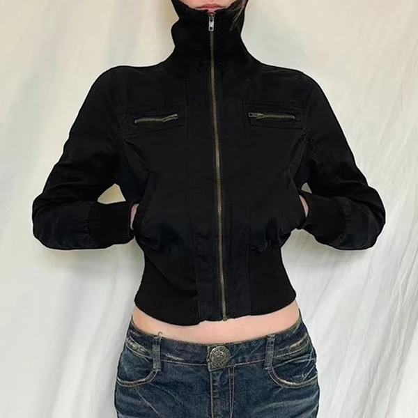 Streetwear Black Zip Up Jacket Autumn Winter Turtleneck Full Sleeve Cropped Jackets for Women y2k Vintage Ladies Outwear - AliExpress 200000345