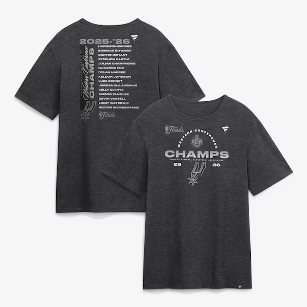 Men's San Antonio Spurs Fanatics Heather Charcoal 2026 NBA Western Conference Champions Roster T-Shirt