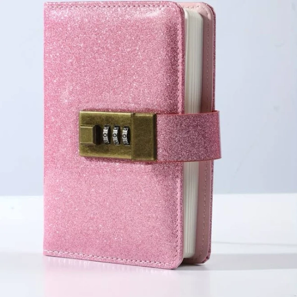 School supplies cute, Girl stuff, Glitter Pink A7 Mini Notebook with Lock - Faux Leather Cover, Diary lock and key, Daily Office & Travel Journal