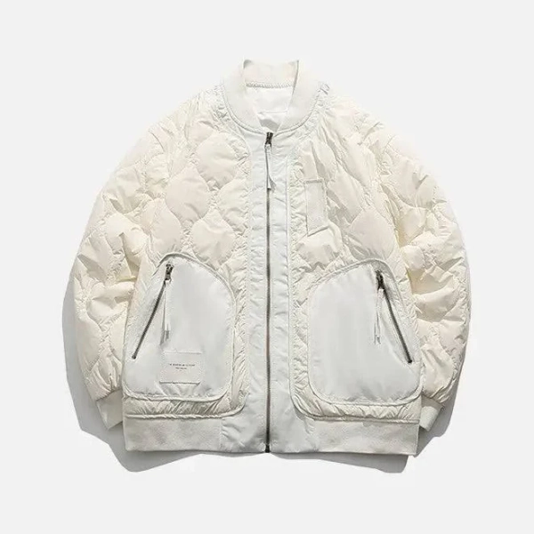 Y2K Retro Patched Jacket with Classic Collar and Zipper - Beige 4XL
