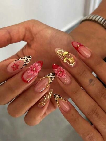 24pcs/Set French Almond Shaped Nails, Elegant Leopard Print, 3D Floral Gold Foil, Sweet Glue-On Full Cover False Nails With 1pc Jelly Gel And 1pc Nail File, Romantic Look For Daily Dates