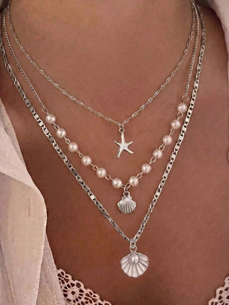 Juego de 3 collares de capas apiladas con colgante de concha y perlas falsas, estilo bohemio de verano, adecuado para mujeres en vacaciones en la playa y uso diario