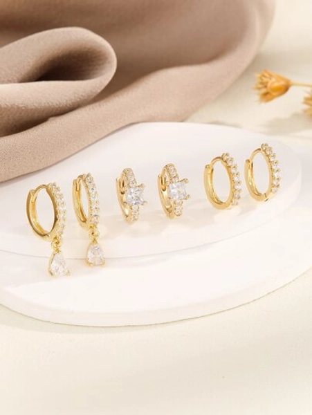 Hihho 3pairs/Set Cubic Zirconia Decor Earrings