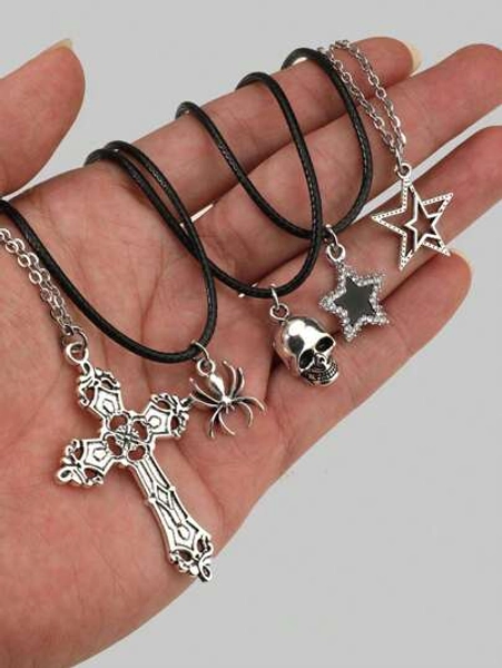 ROMWE Goth 5pcs/Set Vintage Gothic Style Necklace With Cross, Diamond, Star, Spider And Skull Design, Halloween