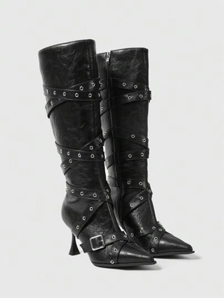 Women's Gothic Buckle Strap Pointed Toe High Heel Mid-Calf Boots