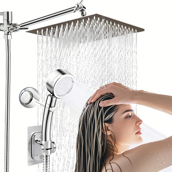 High-Pressure Rain Shower Head and Handheld Shower Combo with 11-Inch Adjustable Arm, 9-Spray Modes (Rain, Massage, Spa), Stainless Hose & Bracket, Leak-Proof Design - Heavy-Duty Square Shower System for Bath/Shower (Easy Install