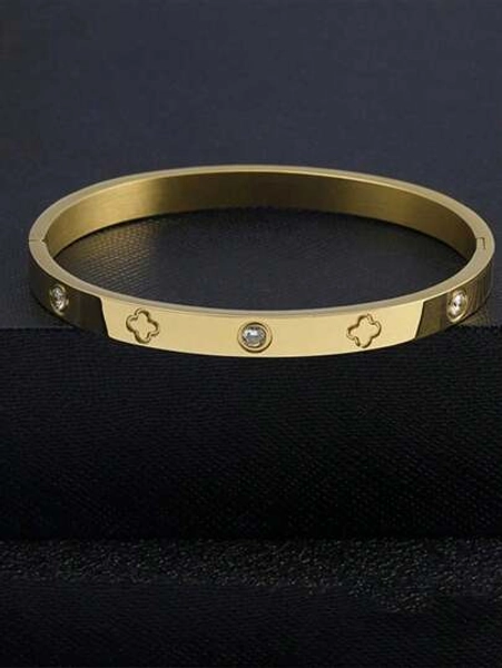 1pc Titanium Steel Bangle, Mirror Polished, Vacuum Plated, Not Easy To Fade, Lucky Four Leaf Clover With Rhinestone, Fashionable Classic Style, Suitable For Daily Wear Valentines