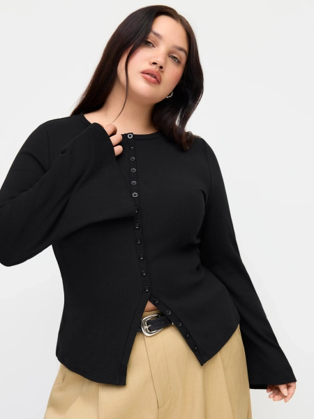 Cotton-blend Round Neckline Button Up Bell Sleeve Top Curve & Plus