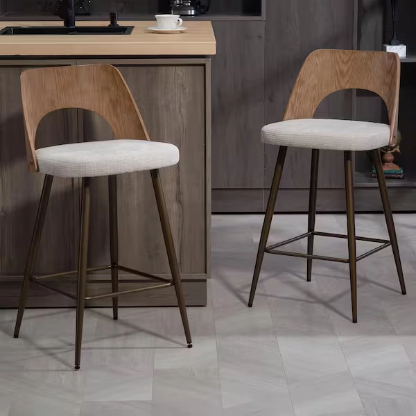 Glamour Home Bethan Beige Washed Boucle Fabric Counter Stool with White Washed Wood Back and Black Iron Legs (Set of 2) GHSTL-1885
