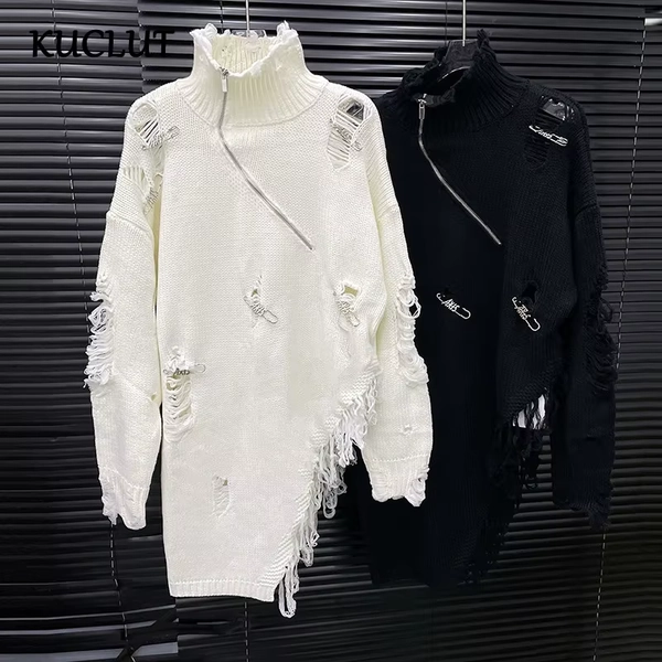 KUCLUT Fashion Autumn New Turtleneck Pin Hole Sweater For Women Loose Black Versatile Irregular Niche Design Pullovers 1A759 - AliExpress 200000345