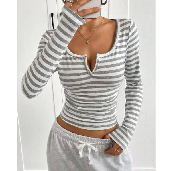SHEIN Ezwear Women's Cotton-feel Striped Half-Zip T-Shirt