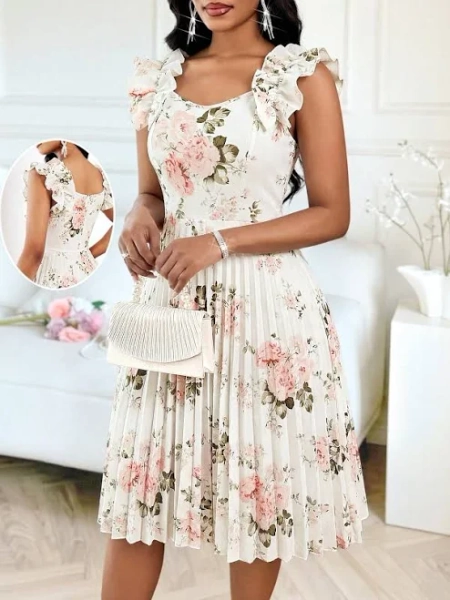 SHEIN Women's Slim Fit Flared Hem Puff Sleeve Floral Print Mini Dress