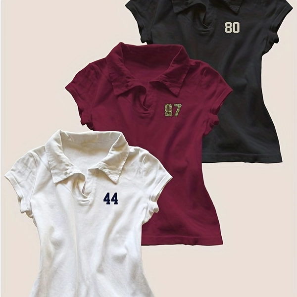 3pcs Women'S Y2K Retro Polo Collar Short Sleeve T-Shirts - Slim Fit V-Neck Casual Tees with Letter Print, All-Season Versatile Tops in Black, Maroon & White, Vintage Style Clothing, Comfortable Fit Shirt, Everyday Outfit, Breathable Material, Stylish Blouse, Women