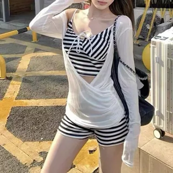 Set: V-Neck Striped Tankini Top + Swim Shorts + Long-Sleeve Plain Cover-Up Top