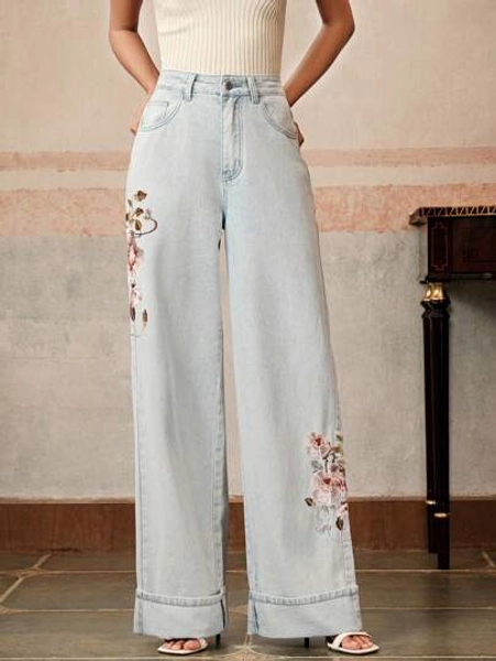 Anewsta Summer, Festival, Holiday, Vacation, Elegant, Casual Stylish Embroidered Denim Straight-Leg Pants For Women