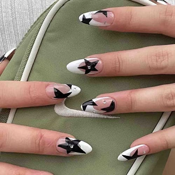 Press On Nails Medium Almond French Tip Fake Nails Full Cover False Nails with Black Stars Designs Y2K Press On Nails Glossy Acrylic Rhinestones Artificial Nails for Women Girls 24 Pcs