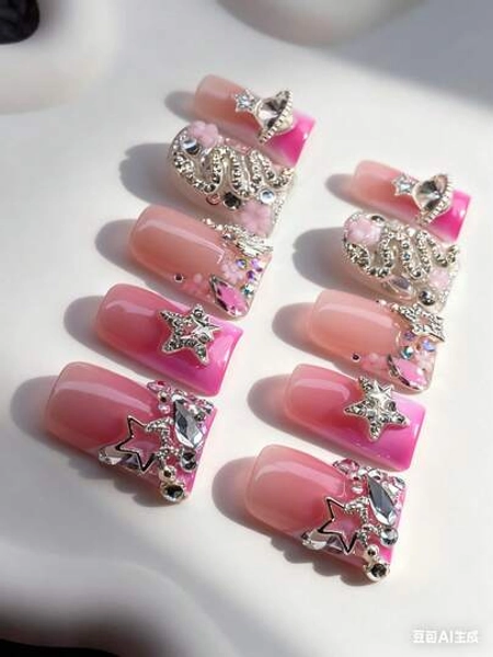 Fine Nail Art  Random !10Pcs/Set Handmade French Manicure Y2K Style Acrylic Nails, Nude & Pink Color With French Tips, Rhinestones, Snake, Floral, Planet, Star Designs. Suitable For Parties, Events, Daily Wear For Women & Girls. Includes Manicure Tools, Great Gift Idea Press On Nails Nail Supplies Nails