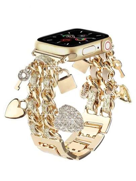 1PC Fashionable Metal Fine Glitter Leather Rope Double Heart Lock Core Smart Watch Strap, Compatible With Apple Watch 38/40/41/42/44/45/46/49mm, Suitable For Apple Watch Series Ultra/SE/10/9/8/7/6/5/4/3/2/1, Adjustable Length And Easy To Operate, Suitable For Women's Fashionable Small Accessory Smart Watch Strap (Strap Only, Watch And Case Not Included)