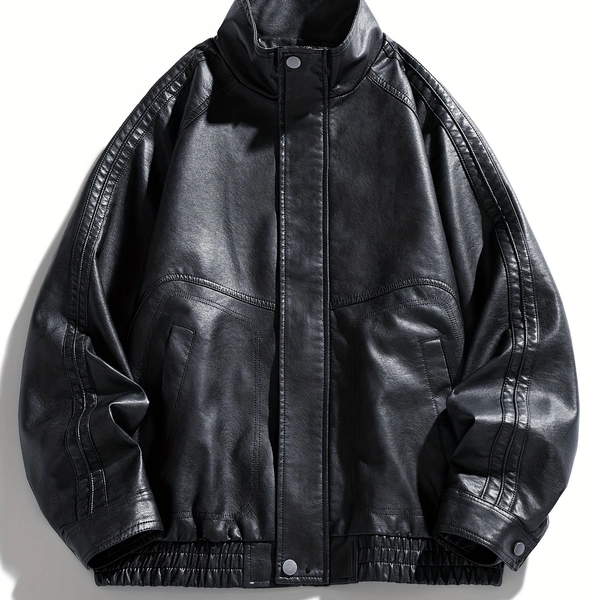 Men'S Vintage-Inspired Bomber Jacket - Black, Zip-Up with Frayed Hem, Long Sleeves, and Pockets, Perfect for Spring and Fall, Casual Outerwear|Vintage Jacket|Zipper Closure