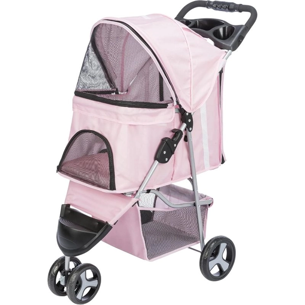 Trixie Foldable Pet Stroller for Cats And Dogs, Strolling Cart with Weather Cover, Storage Basket, Cup Holder, Pink
