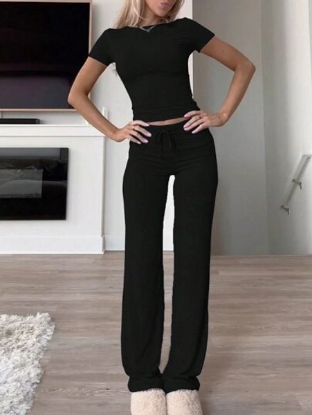GAOVOT Women's Two Pieces Autumn Y2K Sportswear Casual Daily Solid Color Short-Sleeved Round-Neck T-Shirt Slim Straight-Leg Long Pants Set