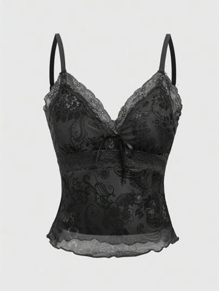 ROMWE Fairycore Women Printed Lace Contrast Camisole Tank Top - Size M