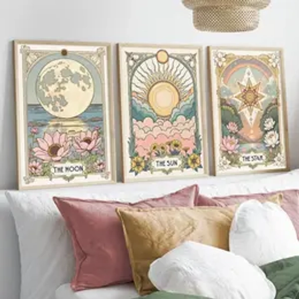 Set of 3 Retro Sun, Stars and Moon Tarot Cards Art Prints, Retro Flower and Plant Wall Decorations, Bohemian Flower Canvas Posters, Celestial Wall Decorations, Modern Floral Paintings, Office, Cafe, Bar, Family and Room Decoration Astrology Gifts, Rimless