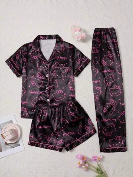 Sanrio Silk Sleepwear Set, 97% Polyester 3% Elastane, Short Sleeve Button Front Lapel Bow Cartoon Cute Front Button Pocket Contrast Trim