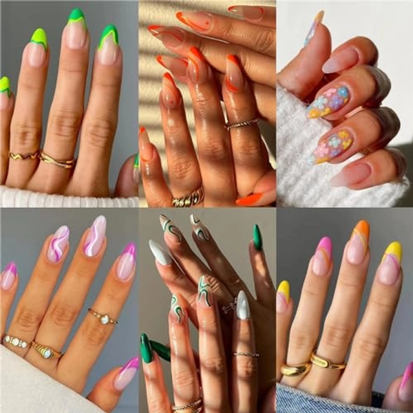 6 Packs (144 Pcs) Medium Press On Nails Almond False Nailss with Designs Fake Nails Set Stick On Nail for Women and Girls…
