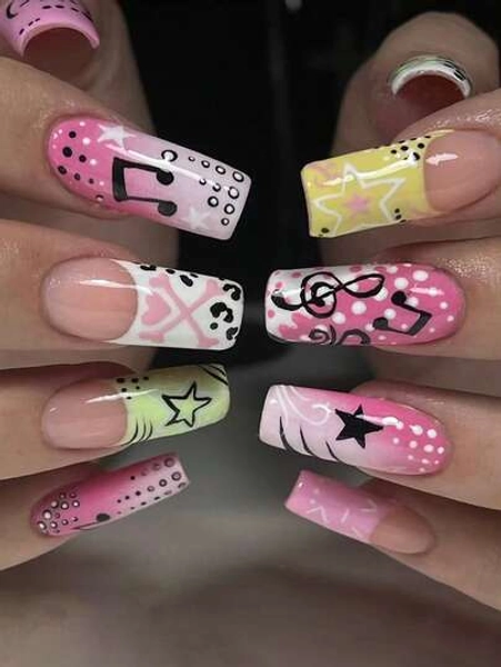 Sanrio Elevate Your Style With 24 Pieces Of Long Square Retro Street Fresh Modern Elegant Casual Simple Y2k Style Fun Black And White Emoticon Pattern Pink Purple Gradient Press On Nails Personalized Multicolor Star Polka Dot Line Pattern Minimalist Note Heart Cross Pattern French Style Full Set Fake Press On Nail Kit Set, Making You Look Lively And Interesting, Suitable For Holiday Parties, Holiday Gatherings And Daily Life Use