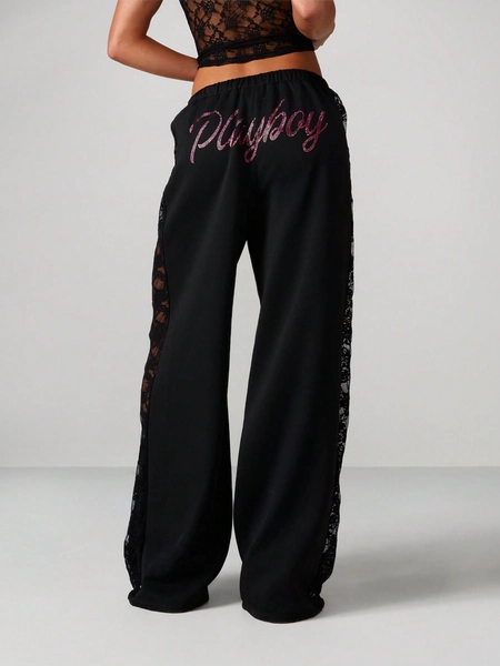 Missguided x Playboy Wide Leg Sweatpants With Lace Panels