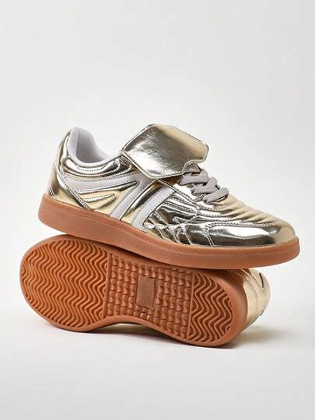 Solezae Women's Fold-Over Tongue Round Toe Gum Sole Low-Top PU Gold Sneakers– Comfortable, Versatile, And Stylish Summer Shoes Spring Shoes Easter Trainers Mother's Day Present