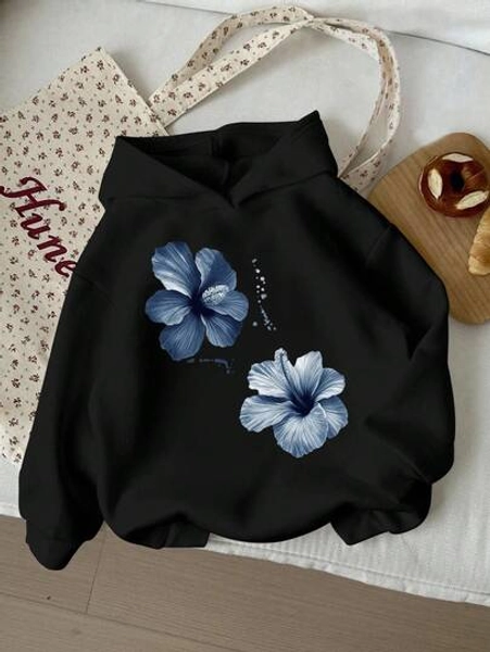 Tween Girl Floral Print Casual Loose Fit Pullover Hoodie, Suitable For Autumn/Winter Fall Flower Hoodie Cute Black Hoodie For Girls Hoodies Y2k Graphic Hoodie Sweatshirt For Teen Girls