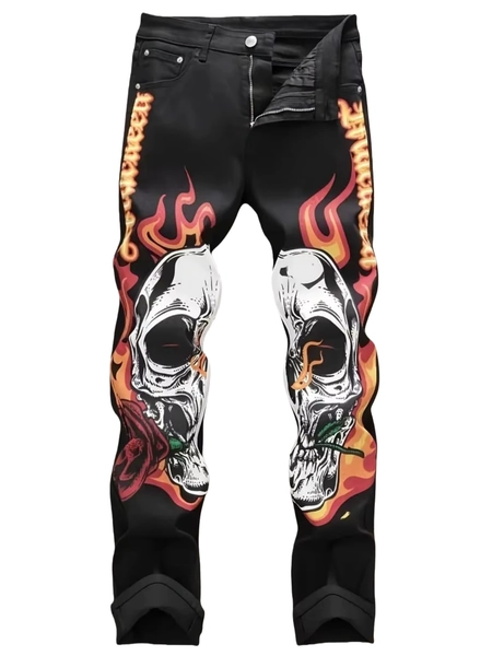 Street casual wear, men's jeans, fashionable printed patterns, classic style trousers with cinched waist design. Black color - AliExpress 200000343