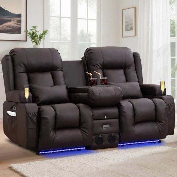 Power Reclining Sofa With Heat And Massage, Bluetooth Speakers And LED Lights, 3 Seater Dual Recliner Sofa With USB Ports And Cup Holders Brayden