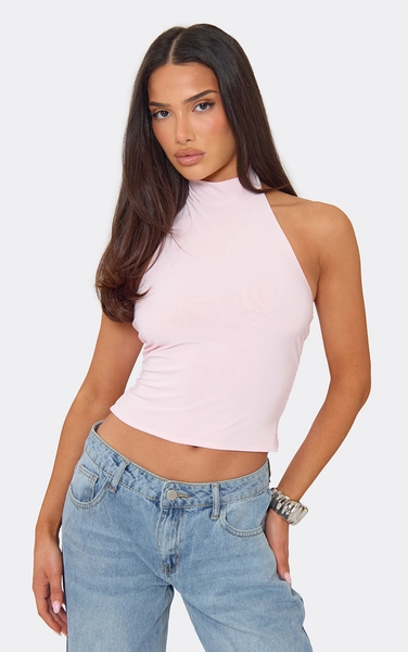 Halter Neck Open Back Detail Top In Baby Pink Slinky