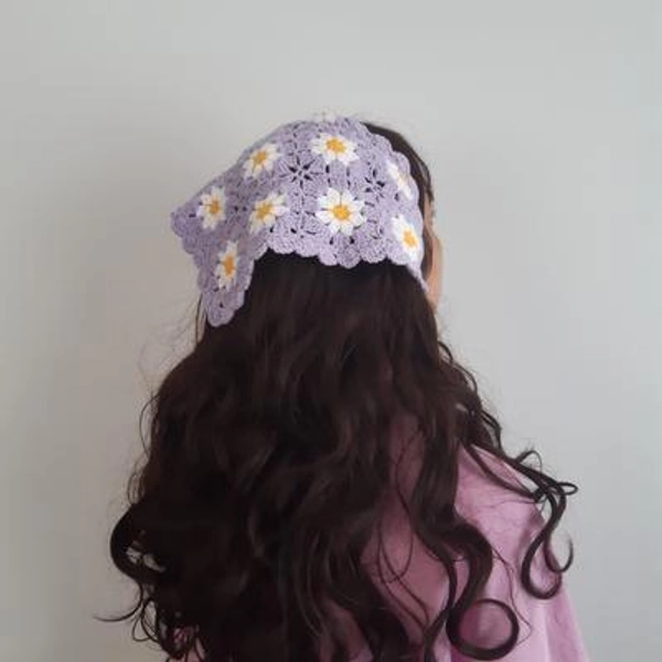 Lilac Crochet Daisy Hair Scarf Cotton Handmade Bandana, Cottage Core