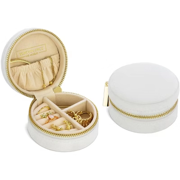 Benevolence LA Plush Velvet Round Travel Jewelry Box - Pearl White