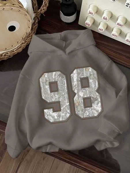 Tween Girl Casual College Style Leaf Print Streetwear Vintage Long Sleeve Hoodie Sweatshirt, Suitable For Autumn/Winter