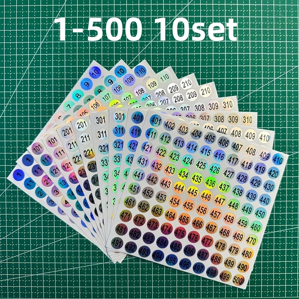 10pcs 1 to 500 Numbers Stickers, Reflective Laser Small Round Consecutive Numbers Stickers, Self Adhesive Inventory Storage Organizing Label Stickers 1.02 cm for Home School Office Decoration